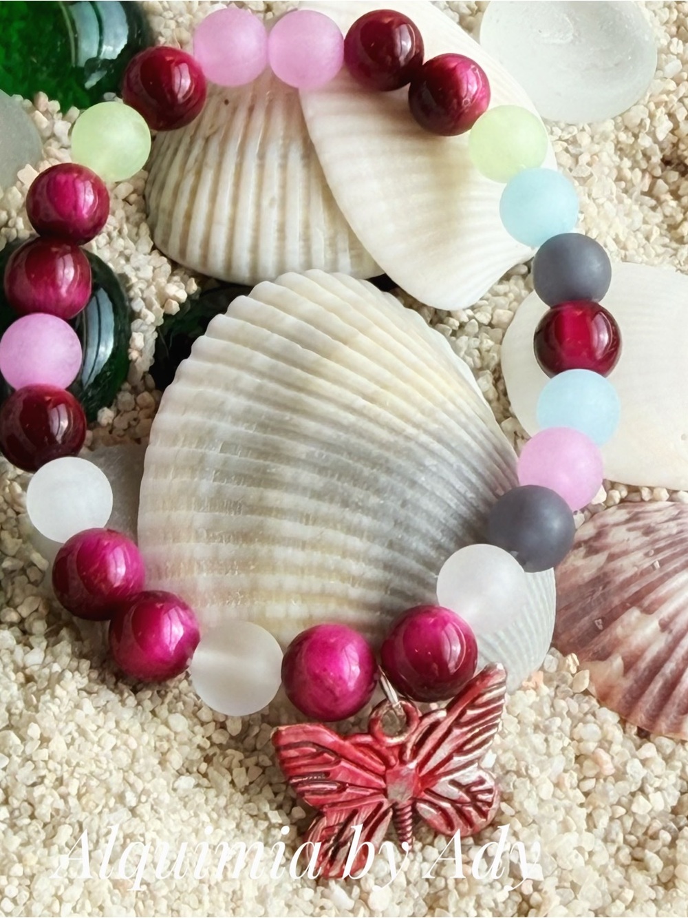 Magenta agate sea glass beaded butterfly charm bracelet + SUMMER